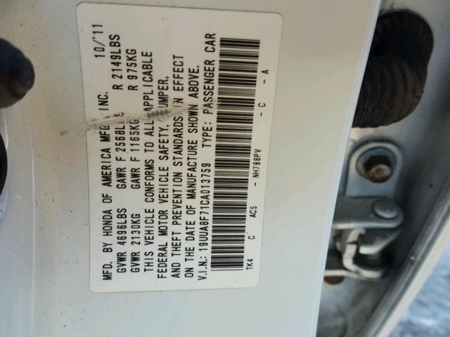 19UUA8F71CA013759 - 2012 ACURA TL WHITE photo 10