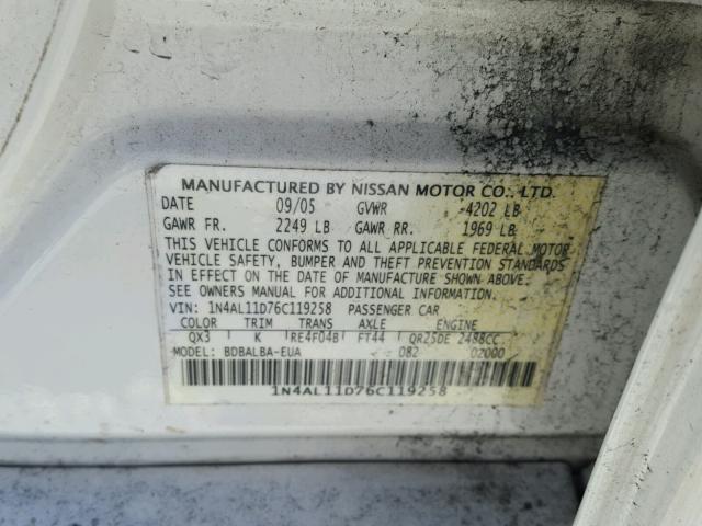 1N4AL11D76C119258 - 2006 NISSAN ALTIMA S WHITE photo 10