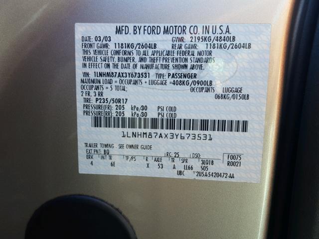 1LNHM87AX3Y673531 - 2003 LINCOLN LS 米色 照片 10