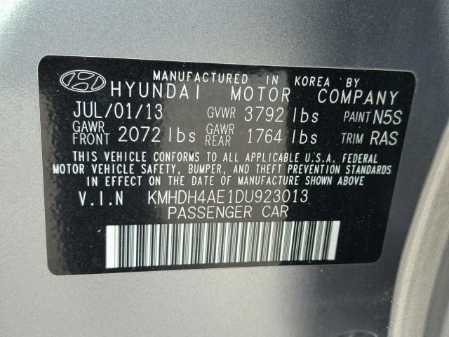 KMHDH4AE1DU923013 - 2013 HYUNDAI ELANTRA GL SILVER photo 10