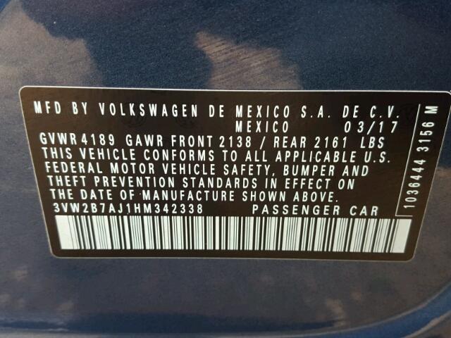 3VW2B7AJ1HM342338 - 2017 VOLKSWAGEN JETTA S 蓝色 照片 10