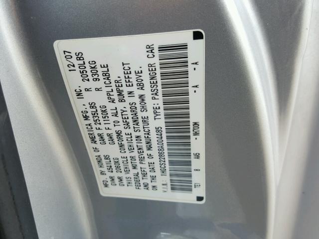 1HGCS22868A004485 - 2008 HONDA ACCORD EXL SILVER photo 10