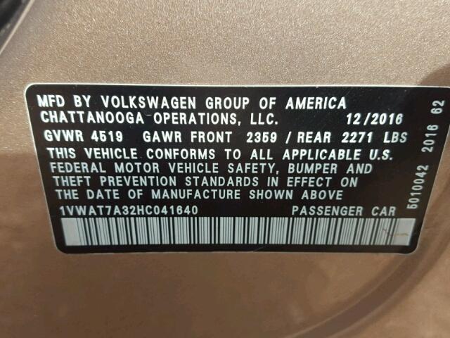 1VWAT7A32HC041640 - 2017 VOLKSWAGEN PASSAT S თაფლისფერი ფოტო 10