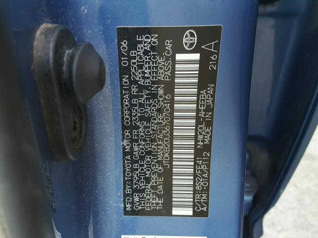 JTDKB20U367070416 - 2006 TOYOTA PRIUS BLUE photo 10