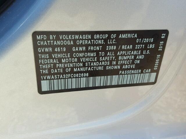 1VWAS7A32FC062696 - 2015 VOLKSWAGEN PASSAT S ვერცხლისფერი ფოტო 10