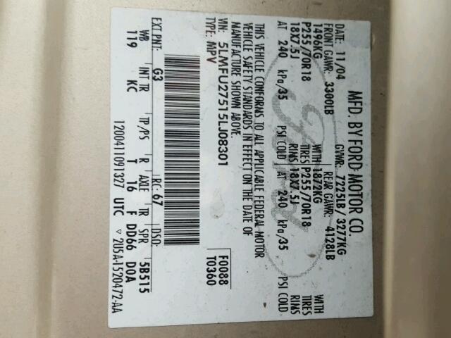 5LMFU27515LJ08301 - 2005 LINCOLN NAVIGATOR TAN photo 10