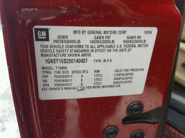 1GKET16S256140457 - 2005 GMC ENVOY XL RED photo 10