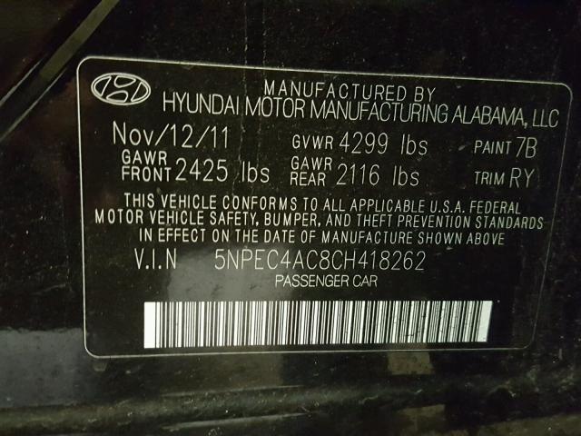 5NPEC4AC8CH418262 - 2012 HYUNDAI SONATA SE BLACK photo 10