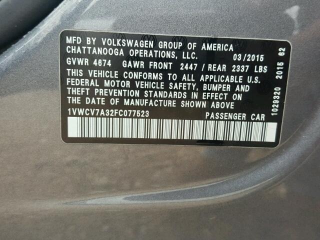 1VWCV7A32FC077523 - 2015 VOLKSWAGEN PASSAT SEL GRAY photo 10