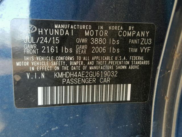 KMHDH4AE2GU619032 - 2016 HYUNDAI ELANTRA SE BLUE photo 10