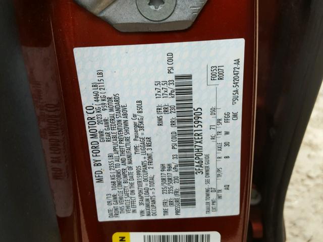 3FA6P0H7XER159905 - 2014 FORD FUSION SE RED photo 10