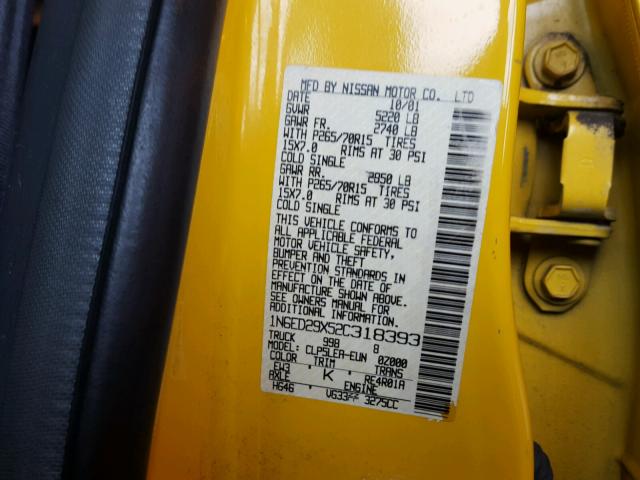 1N6ED29X52C318393 - 2002 NISSAN FRONTIER C YELLOW photo 10