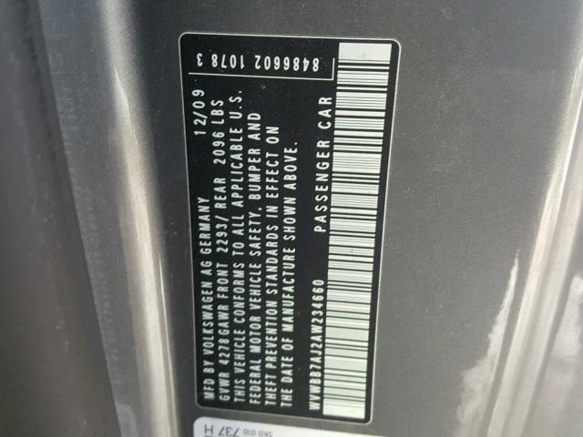 WVWBB7AJ2AW234660 - 2010 VOLKSWAGEN GOLF 石墨色 照片 10