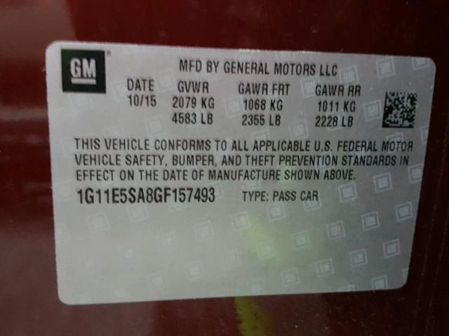 1G11E5SA8GF157493 - 2016 CHEVROLET MALIBU LIM BURGUNDY photo 10