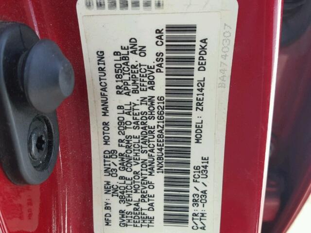 1NXBU4EE8AZ166216 - 2010 TOYOTA COROLLA BA RED photo 10