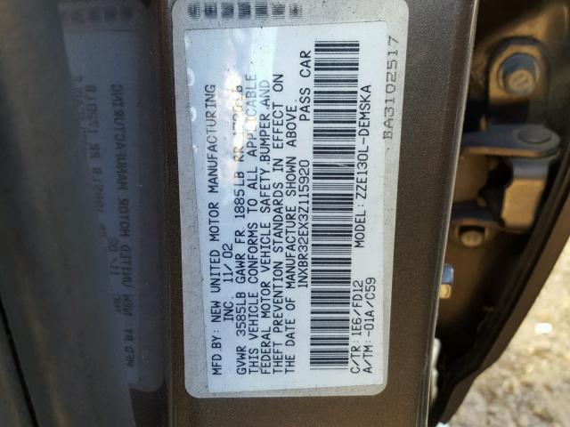 1NXBR32EX3Z115920 - 2003 TOYOTA COROLLA CE GRAY photo 10