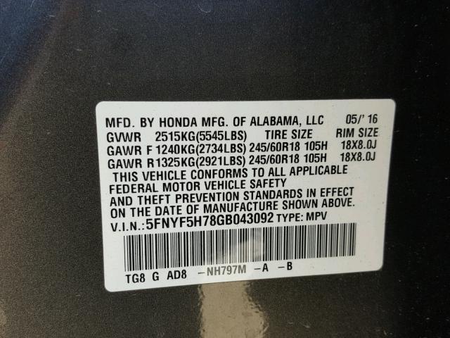 5FNYF5H78GB043092 - 2016 HONDA PILOT EXLN GRAY photo 10