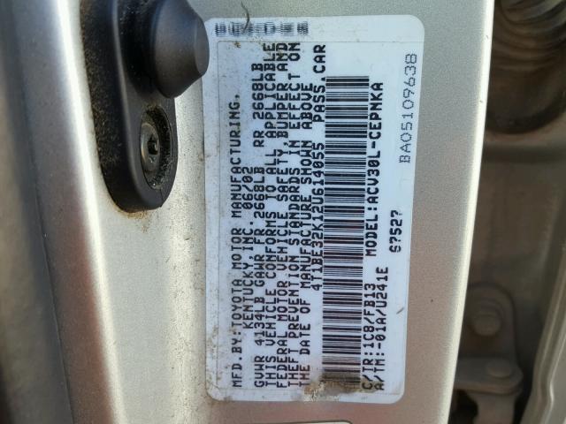 4T1BE32K12U614055 - 2002 TOYOTA CAMRY LE SILVER photo 10