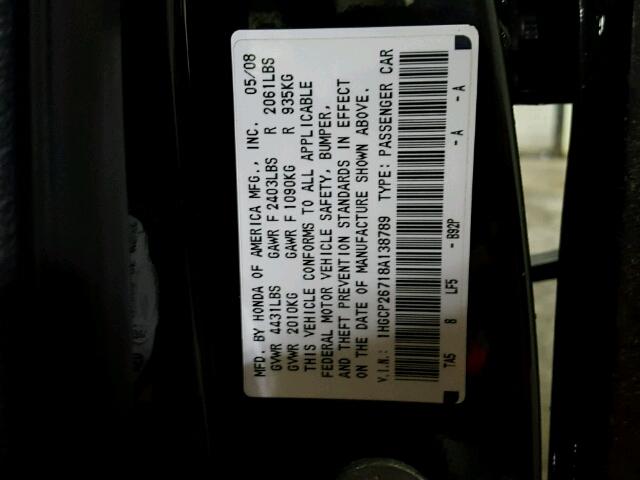 1HGCP26718A138789 - 2008 HONDA ACCORD EX BLACK photo 10