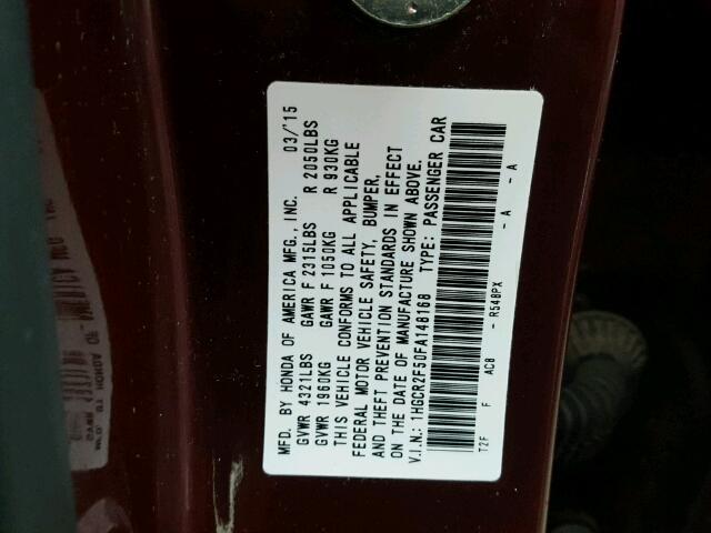 1HGCR2F50FA148168 - 2015 HONDA ACCORD SPO MAROON photo 10