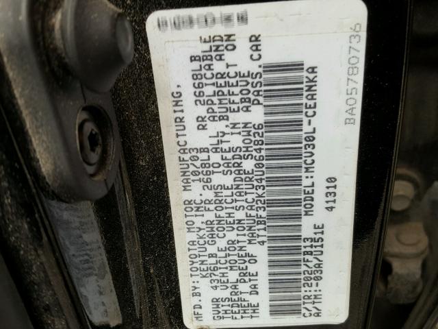 4T1BF32K34U064826 - 2004 TOYOTA CAMRY LE BLACK photo 10