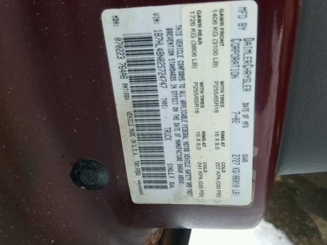 1B7HL48N02S724747 - 2002 DODGE DAKOTA QUA MAROON photo 10