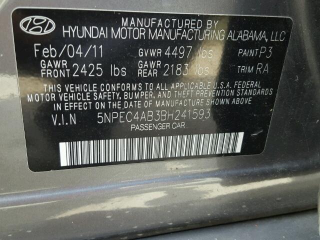 5NPEC4AB3BH241593 - 2011 HYUNDAI SONATA SE GRAY photo 10