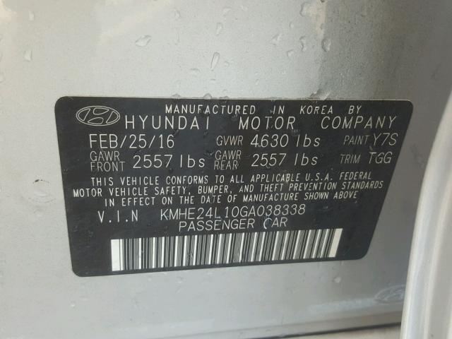 KMHE24L10GA038338 - 2016 HYUNDAI SONATA HYB SILVER photo 10