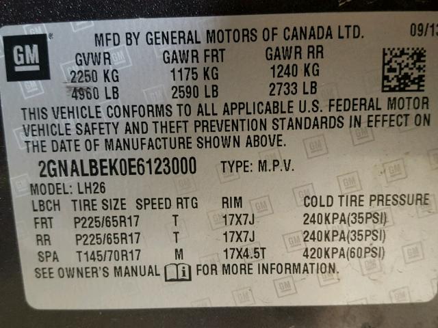 2GNALBEK0E6123000 - 2014 CHEVROLET EQUINOX LT CHARCOAL photo 10