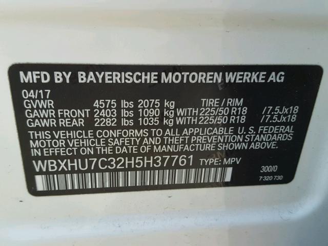 WBXHU7C32H5H37761 - 2017 BMW X1 SDRIVE2 WHITE photo 10