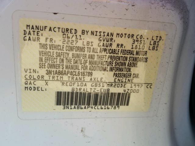 3N1AB6AP4CL616789 - 2012 NISSAN SENTRA 2.0 WHITE photo 10