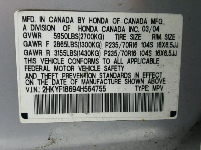 2HKYF18694H564755 - 2004 HONDA PILOT EXL SILVER photo 10