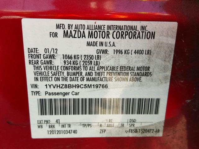 1YVHZ8BH9C5M19766 - 2012 MAZDA 6 I RED photo 10