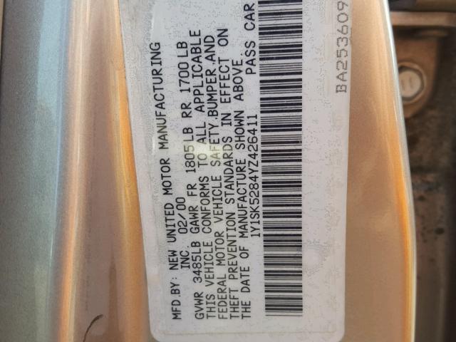 1Y1SK5284YZ426411 - 2000 CHEVROLET GEO PRIZM 金色 照片 10