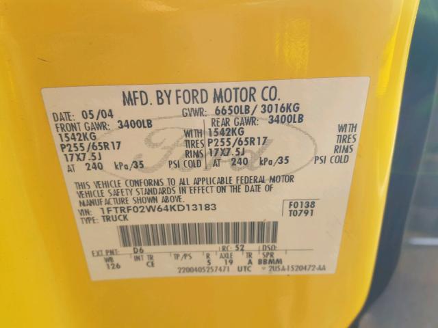 1FTRF02W64KD13183 - 2004 FORD F150 YELLOW photo 10