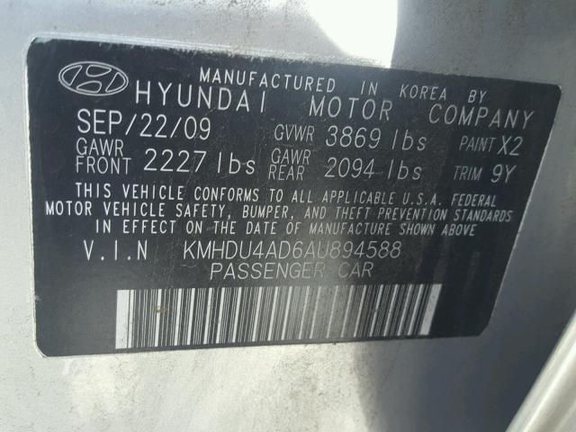 KMHDU4AD6AU894588 - 2010 HYUNDAI ELANTRA BL SILVER photo 10