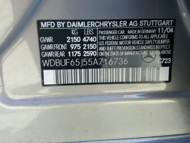 WDBUF65J55A716736 - 2005 MERCEDES-BENZ E 320 SILVER photo 10