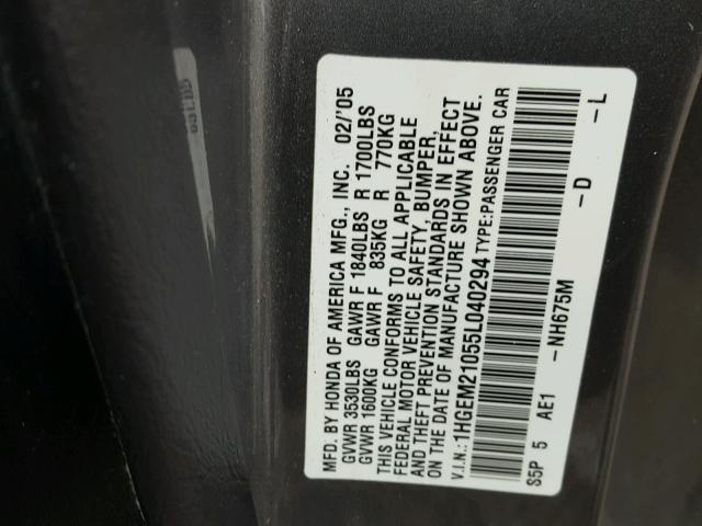 1HGEM21055L040294 - 2005 HONDA CIVIC EX ვერცხლისფერი ფოტო 10