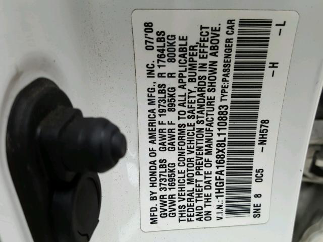 1HGFA168X8L110883 - 2008 HONDA CIVIC EX თეთრი ფოტო 10
