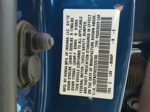 19XFB2F92CE325766 - 2012 HONDA CIVIC EXL BLUE photo 10