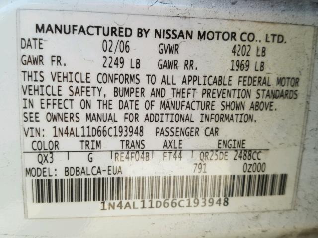 1N4AL11D66C193948 - 2006 NISSAN ALTIMA S WHITE photo 10