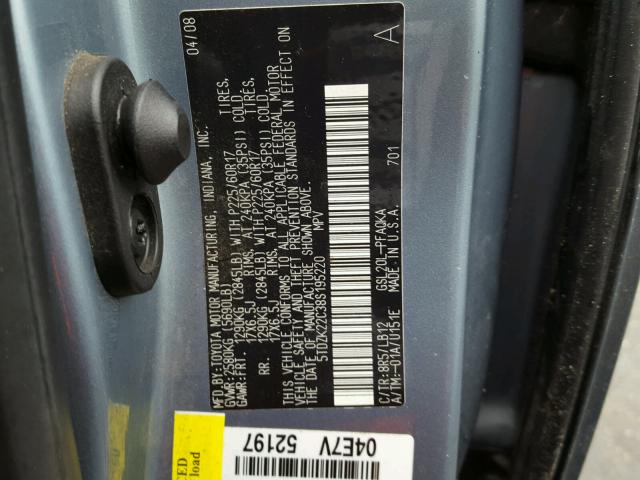 5TDZK22C38S195220 - 2008 TOYOTA SIENNA XLE BLUE photo 10