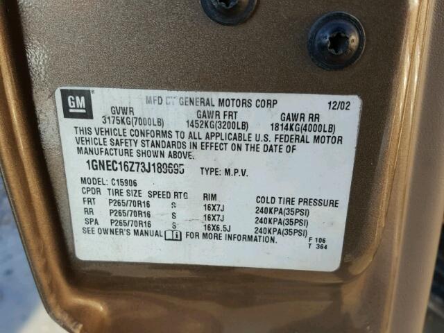 1GNEC16Z73J189695 - 2003 CHEVROLET SUBURBAN C BROWN photo 10