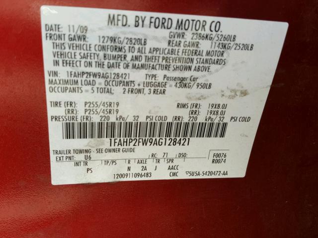 1FAHP2FW9AG128421 - 2010 FORD TAURUS LIM RED photo 10