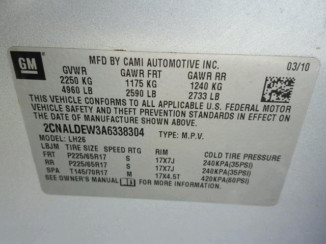 2CNALDEW3A6338304 - 2010 CHEVROLET EQUINOX LT SILVER photo 10