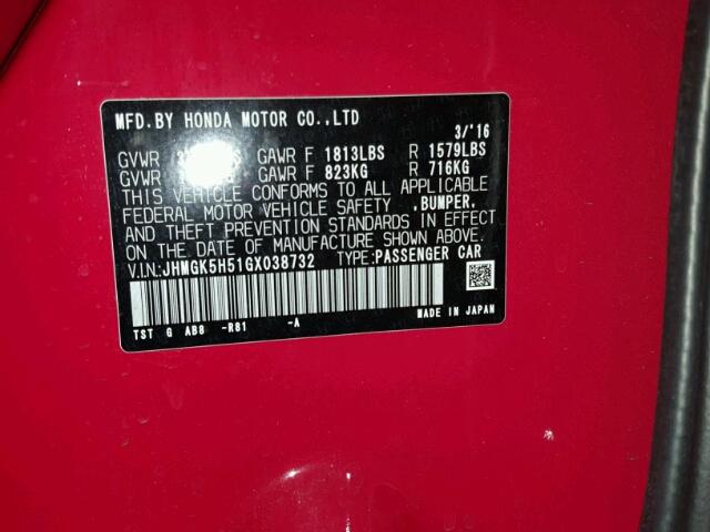 JHMGK5H51GX038732 - 2016 HONDA FIT LX Kırmızı fotoğraf 10