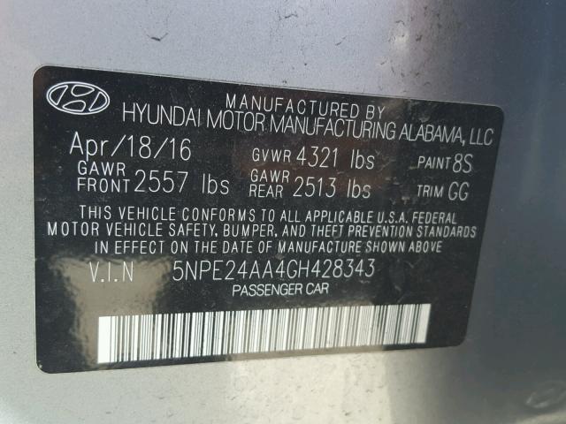 5NPE24AA4GH428343 - 2016 HYUNDAI SONATA ECO SILVER photo 10