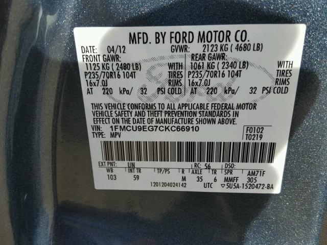 1FMCU9EG7CKC66910 - 2012 FORD ESCAPE LIM BLUE photo 10