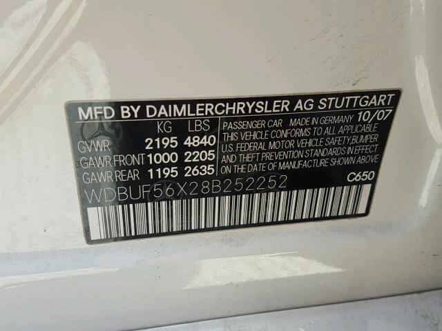 WDBUF56X28B252252 - 2008 MERCEDES-BENZ E 350 WHITE photo 10