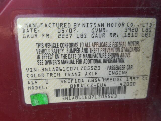 3N1AB61E07L705523 - 2007 NISSAN SENTRA 2.0 RED photo 10